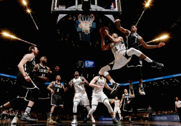 BROOKLYN, NY - MARCH 13: Giannis Antetokounmpo #34 of the Milwaukee Bucks goes to the basket against the Brooklyn Nets on March 13, 2016 at Barclays Center in the Brooklyn borough of New York City. NOTE TO USER: User expressly acknowledges and agrees that, by downloading and or using this Photograph, user is consenting to the terms and conditions of the Getty Images License Agreement. Mandatory Copyright Notice: Copyright 2016 NBAE (Photo by Nathaniel S. Butler/NBAE via Getty Images)