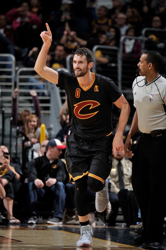 CLEVELAND, OH - OCTOBER 25: Kevin Love #0 of the Cleveland Cavaliers celebrates a three point basket and runs up court against the New York Knicks on October 25, 2016 at Quicken Loans Arena in Cleveland, Ohio. NOTE TO USER: User expressly acknowledges and agrees that, by downloading and or using this photograph, user is consenting to the terms and conditions of the Getty Images License Agreement. Mandatory Copyright Notice: Copyright 2016 NBAE (Photo by David Liam Kyle/NBAE via Getty Images)