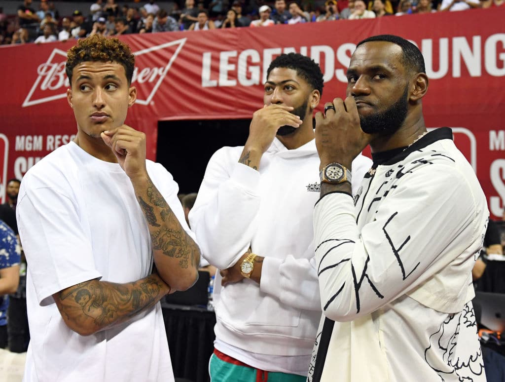Kyle Kuzma, Anthony Davis and LeBron James of the Los Angeles Lakers