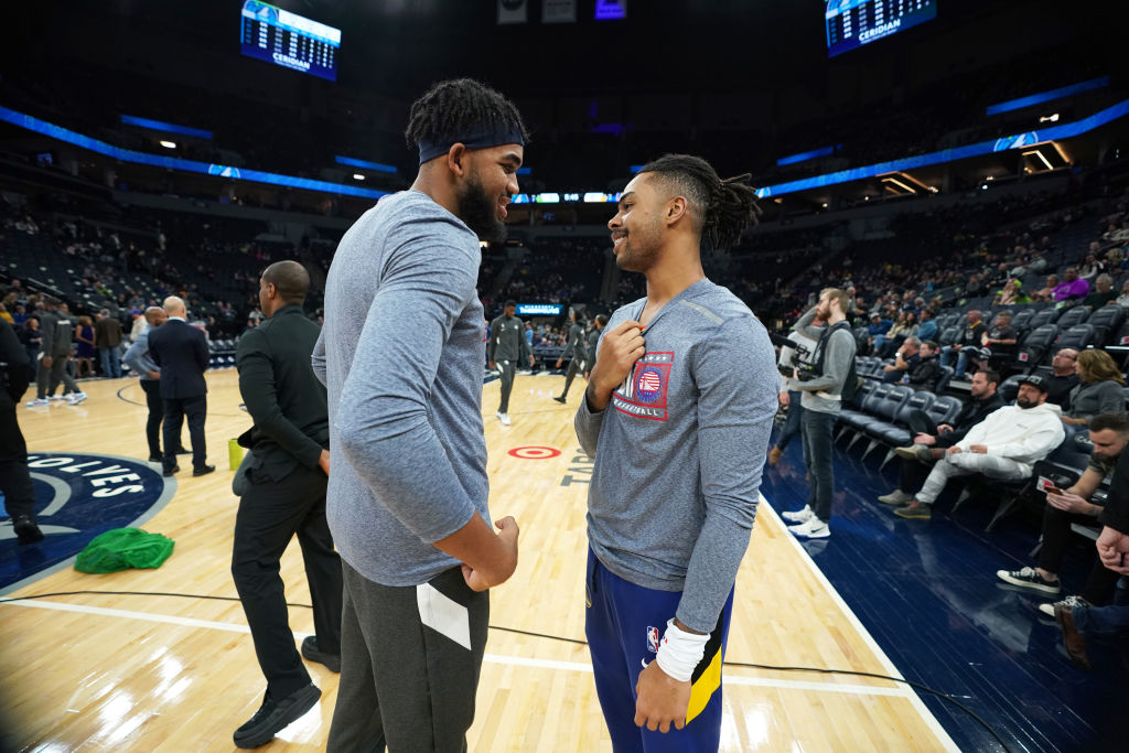 Karl-Anthony Towns and D'Angelo Russell of the Minnesota Timberwolves