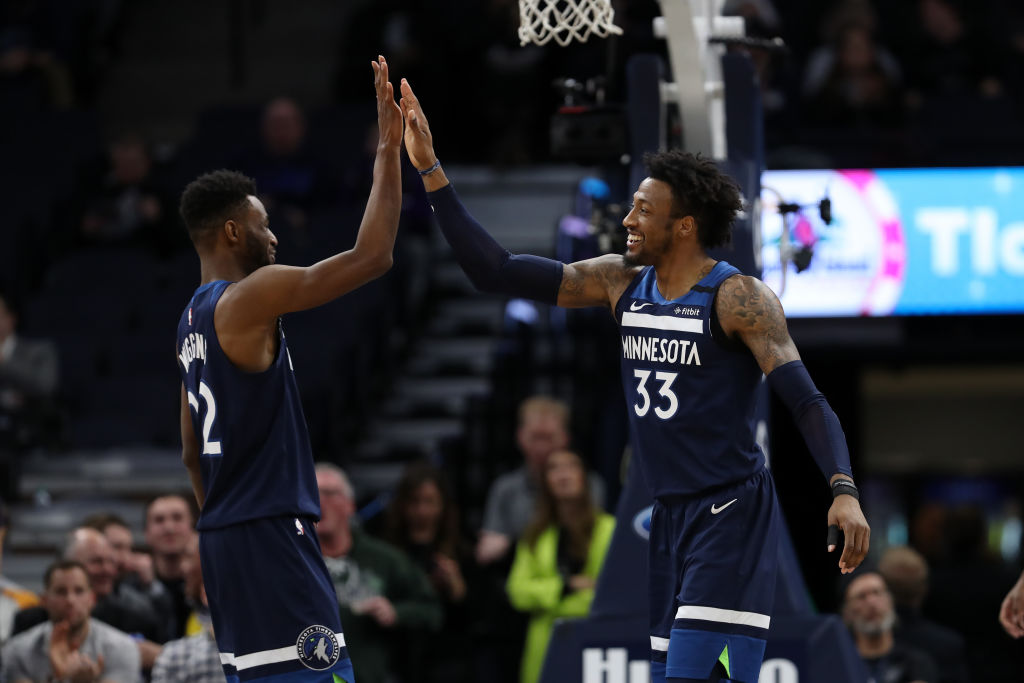 Andrew Wiggins, Robert Covington of the Minnesota Timberwolves