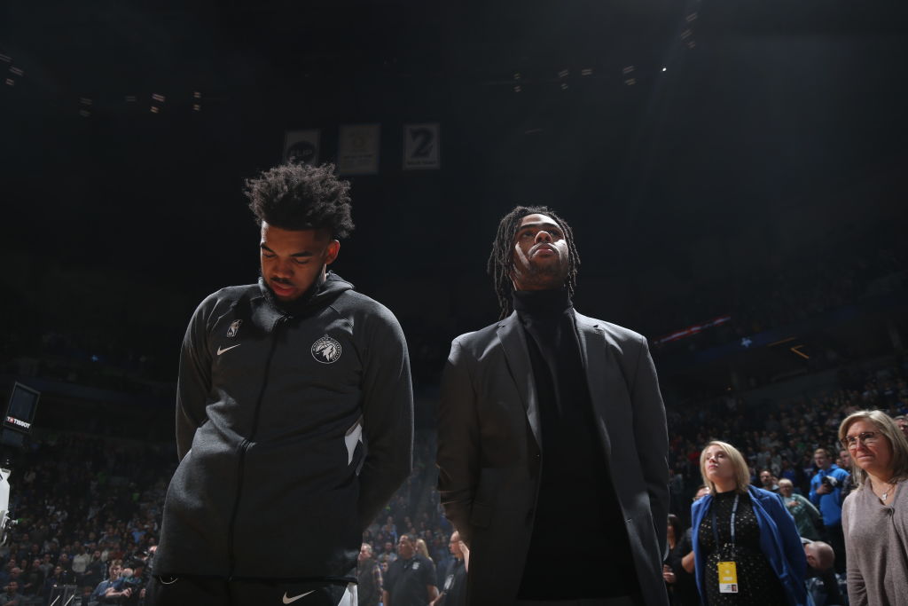 Karl-Anthony Towns and D'Angelos Russell of the Minnesota Timberwolves