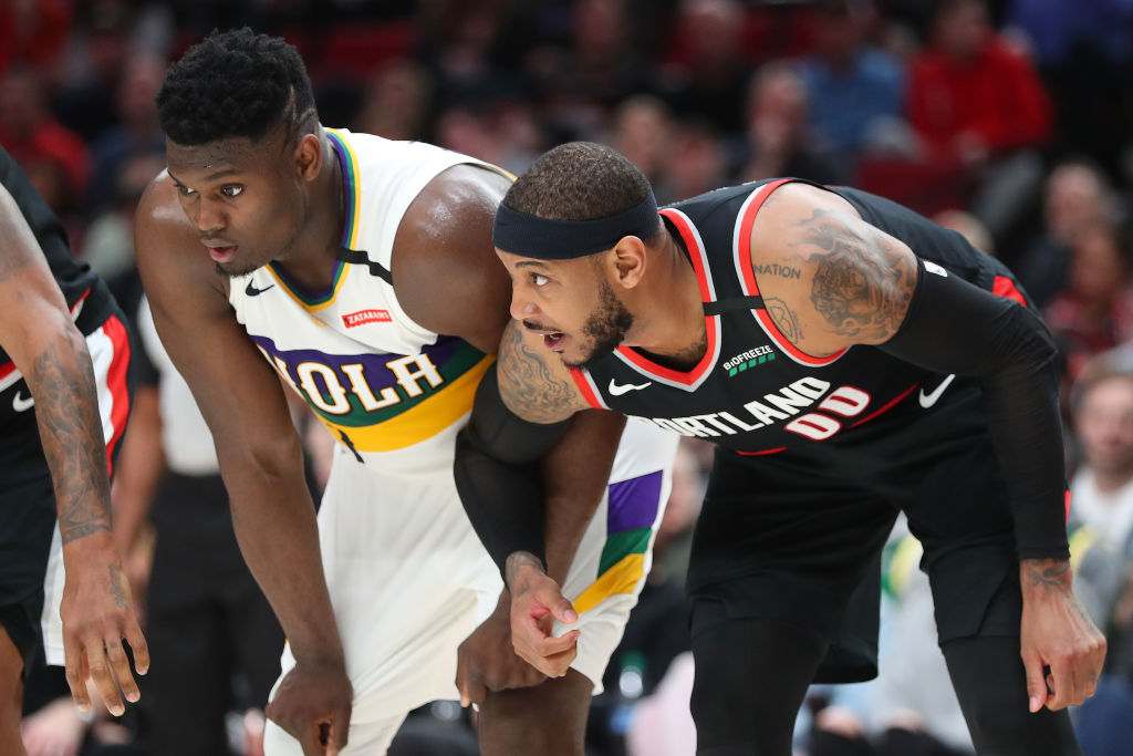 Zion Williamson of the New Orleans Pelicans, Carmelo Anthony of the Portland Trail Blazers
