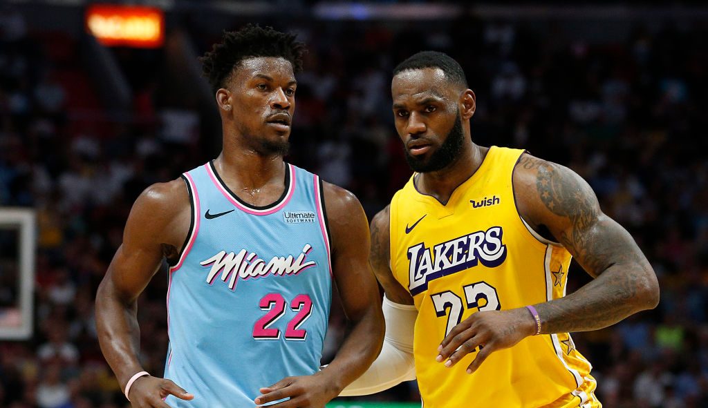 LeBron James of the Los Angeles Lakers and Jimmy Butler of the Miami Heat