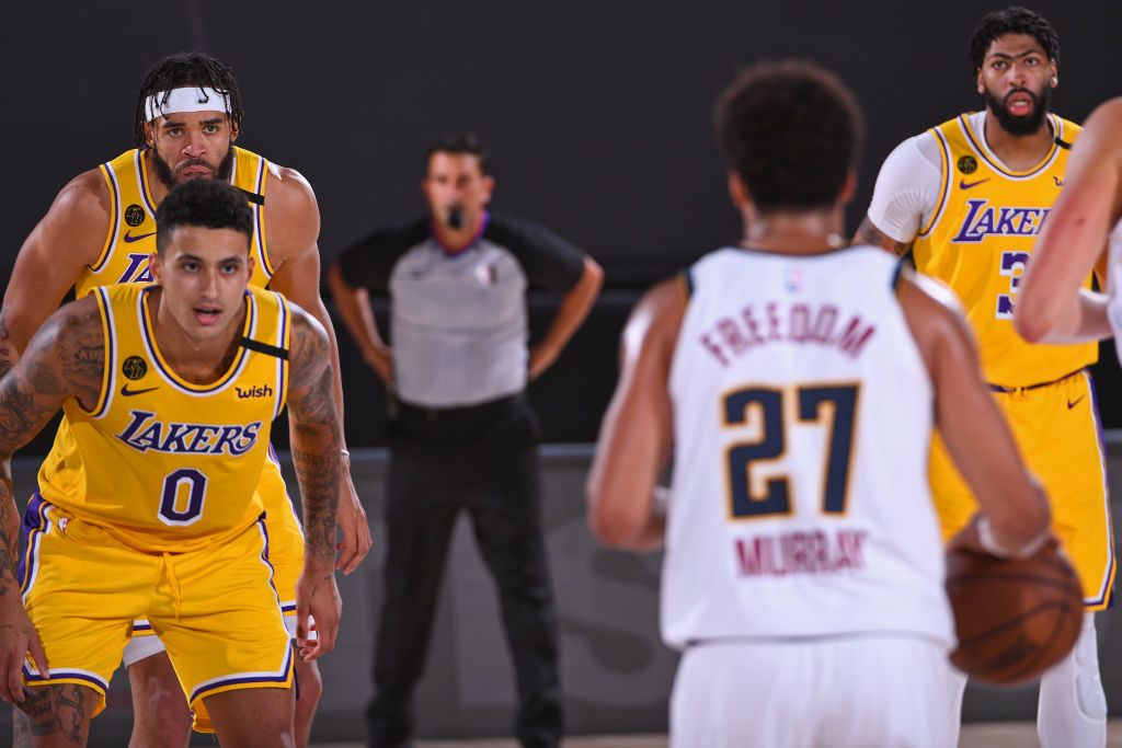 Jamal Murray of the Denver Nuggets and Kyle Kuzma of the Los Angeles Lakers