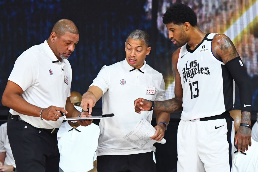 Doc Rivers, Ty Lue and Paul George of the Los Angeles Clippers