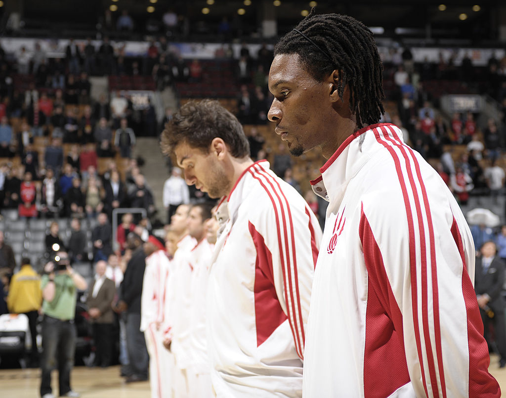 Andrea Bargnani and Chris Bosh of the Toronto Raptors