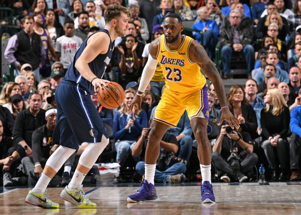 Luka Doncic of the Dallas Mavericks and LeBron James of the Los Angeles Lakers