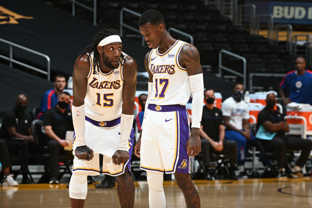 Dennis Schroder and Montrezl Harrell of the Los Angeles Lakers