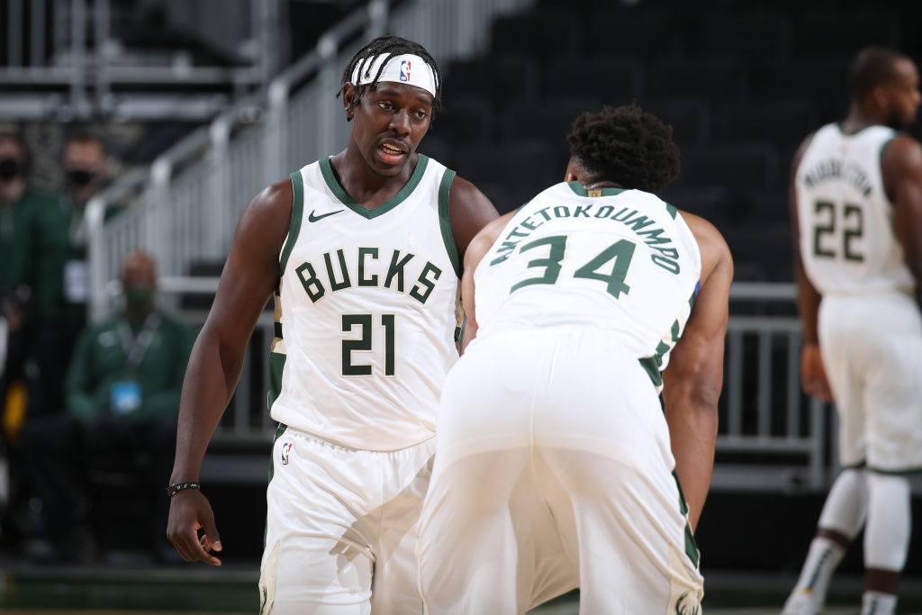 Giannis Antetokounmpo and Jrue Holiday of the Milwaukee Bucks