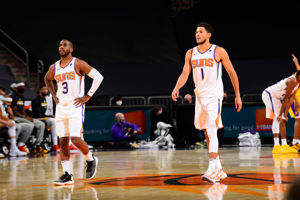 Devin Booker and Chris Paul of the Phoenix Suns