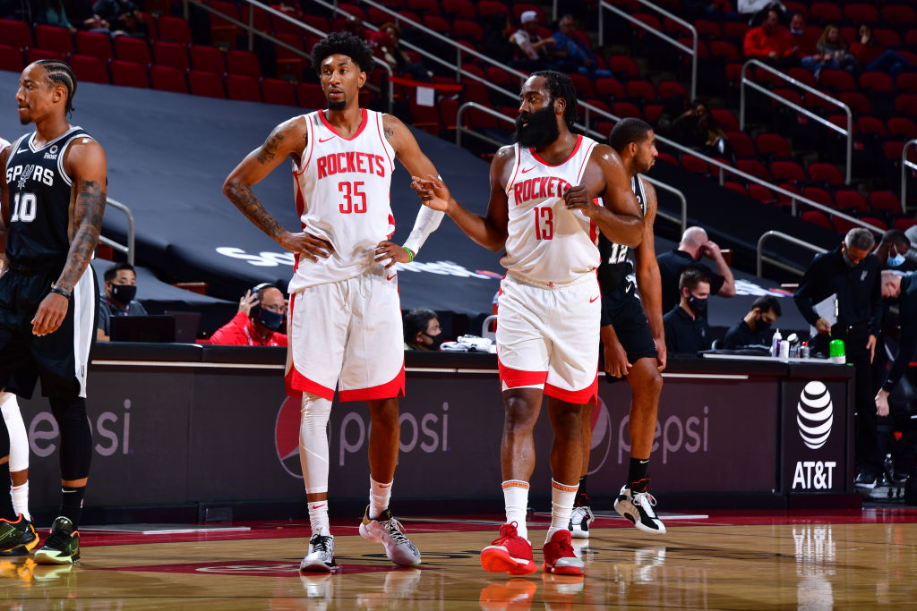 James Harden and Christian Wood of the Houston Rockets