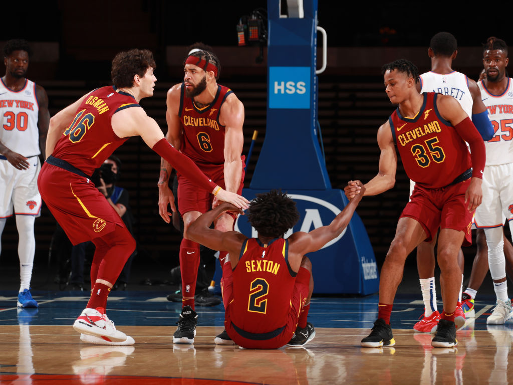 Collin Sexton and Isaac Okoro of the Cleveland Cavaliers