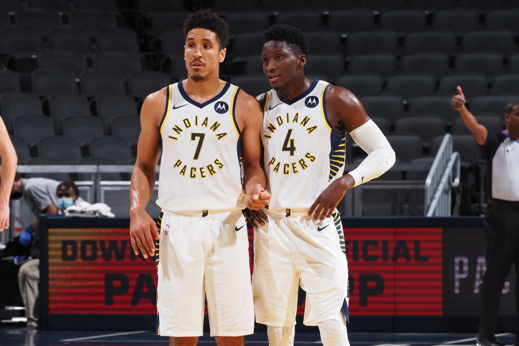 Malcolm Brogdon and Victor Oladipo of the Indiana Pacers