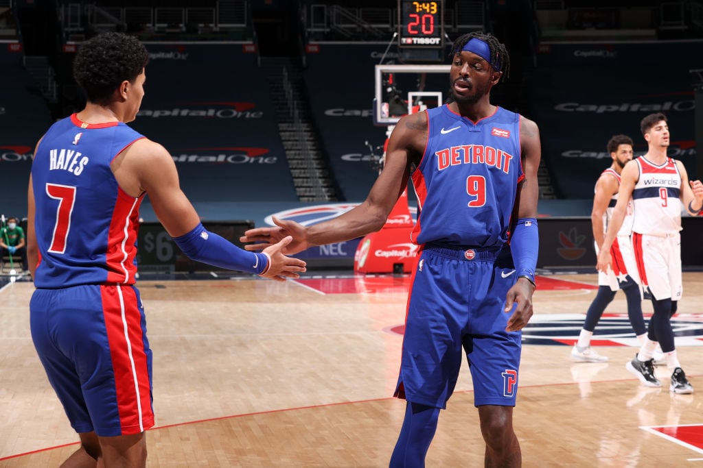 Jerami Grant and Killian Hayes of the Detroit Pistons