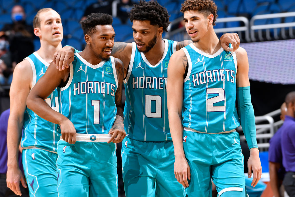 LaMelo Ball, Malik Monk, and Miles Bridges of the Charlotte Hornets