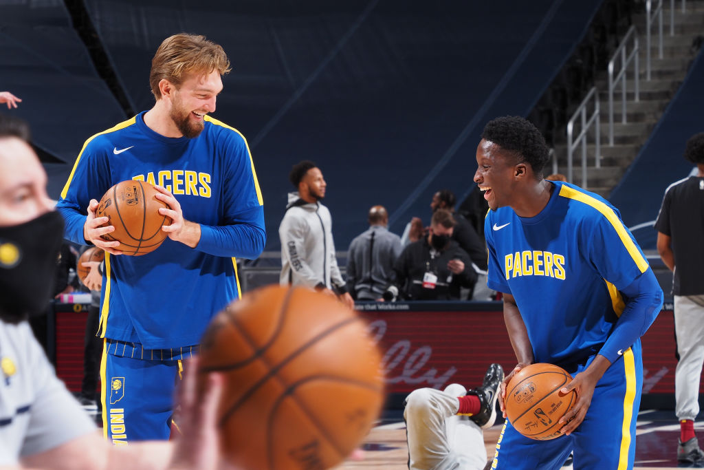 Domantas Sabonis and Victor Oladipo of the Indiana Pacers