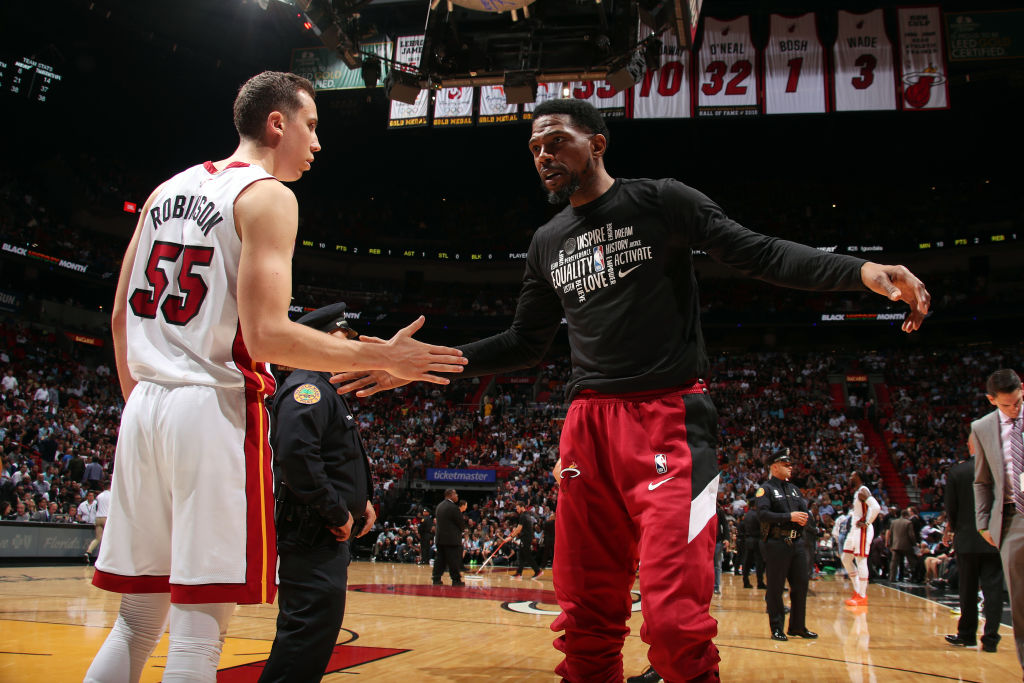 Udonis Haslem and Duncan Robinson of the Miami Heat