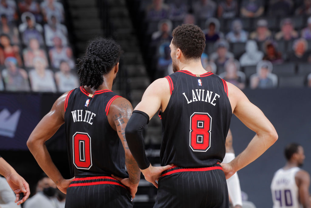Zach LaVine and Coby White of the Chicago Bulls