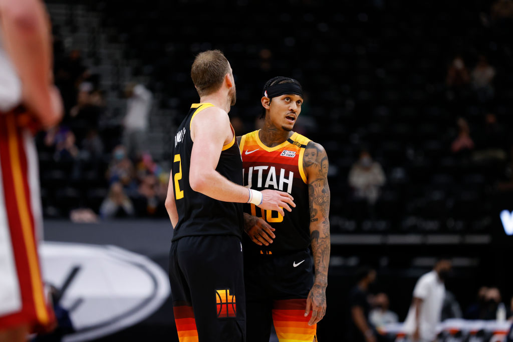 Jordan Clarkson and Joe Ingles of the Utah Jazz