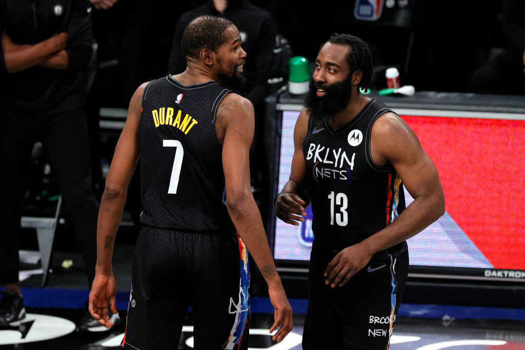 Kevin Durant and James Harden of the Brooklyn Nets