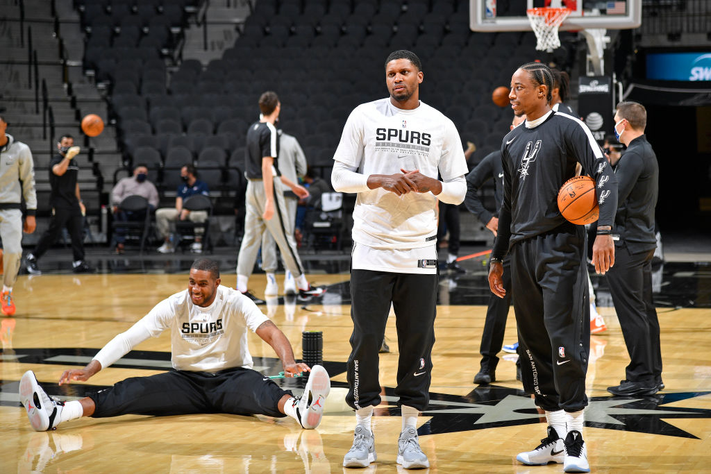 DeMar DeRozan, LaMarcus Aldridge and Rudy Gay of the San Antonio Spurs