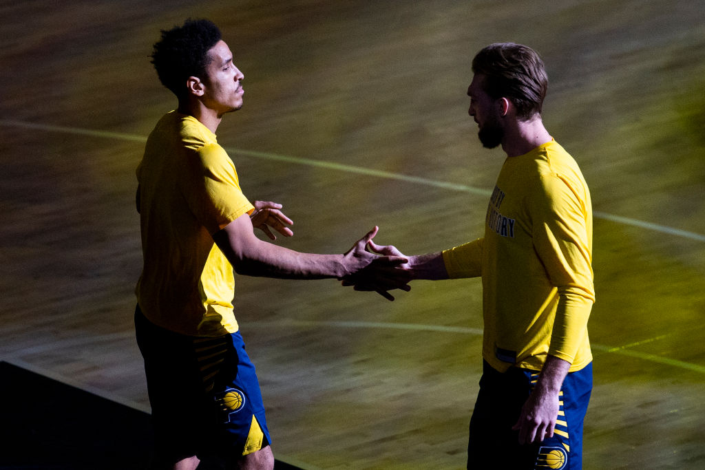 Malcom Brogdon and Domantas Sabonis of the Indiana Pacers