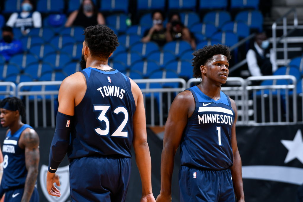 Karl-Anthony Towns and Anthony Edwards of the Minnesota Timberwolves